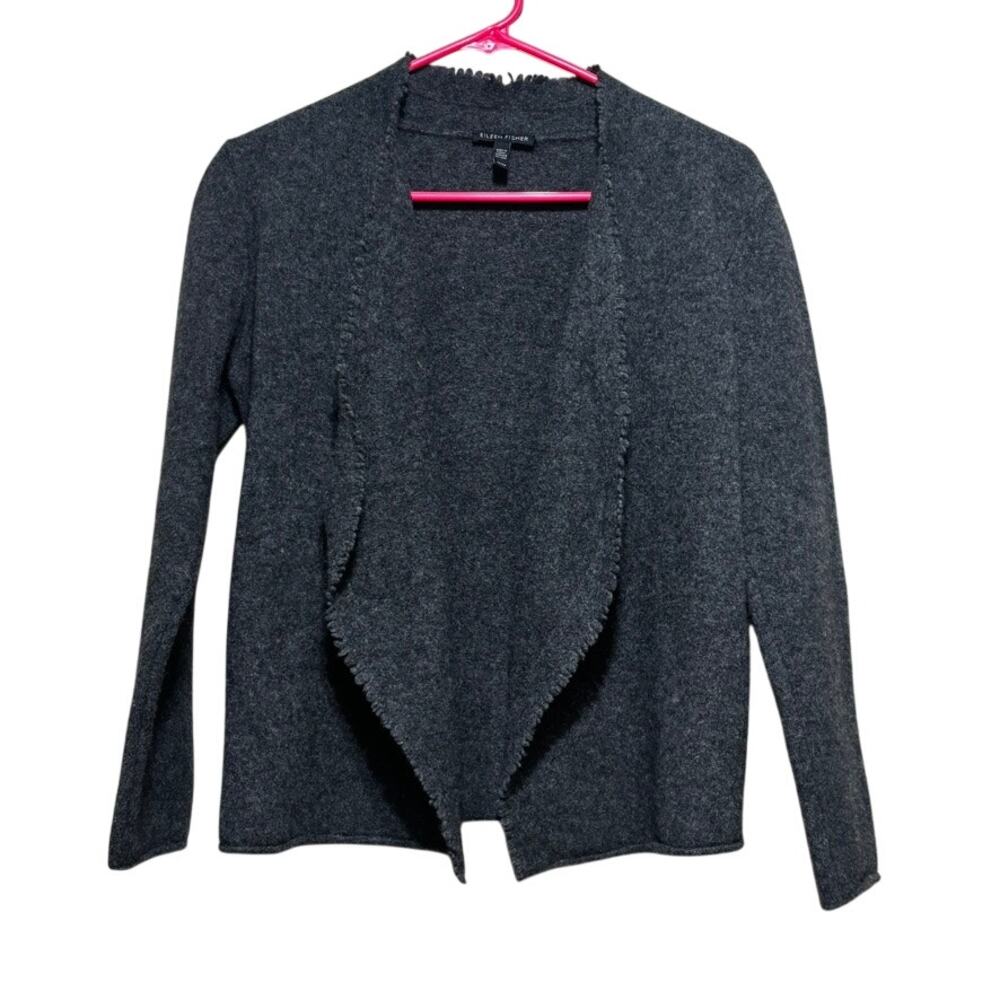 Eileen Fisher Charcoal Gray 100% Wool Open Front Draped Cardigan Size Medium - Picture 1 of 8